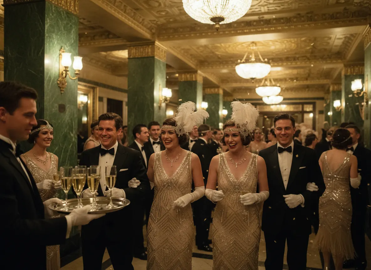 Guests in 1920s evening wear take champagne from a silver tray in an art deco foyer