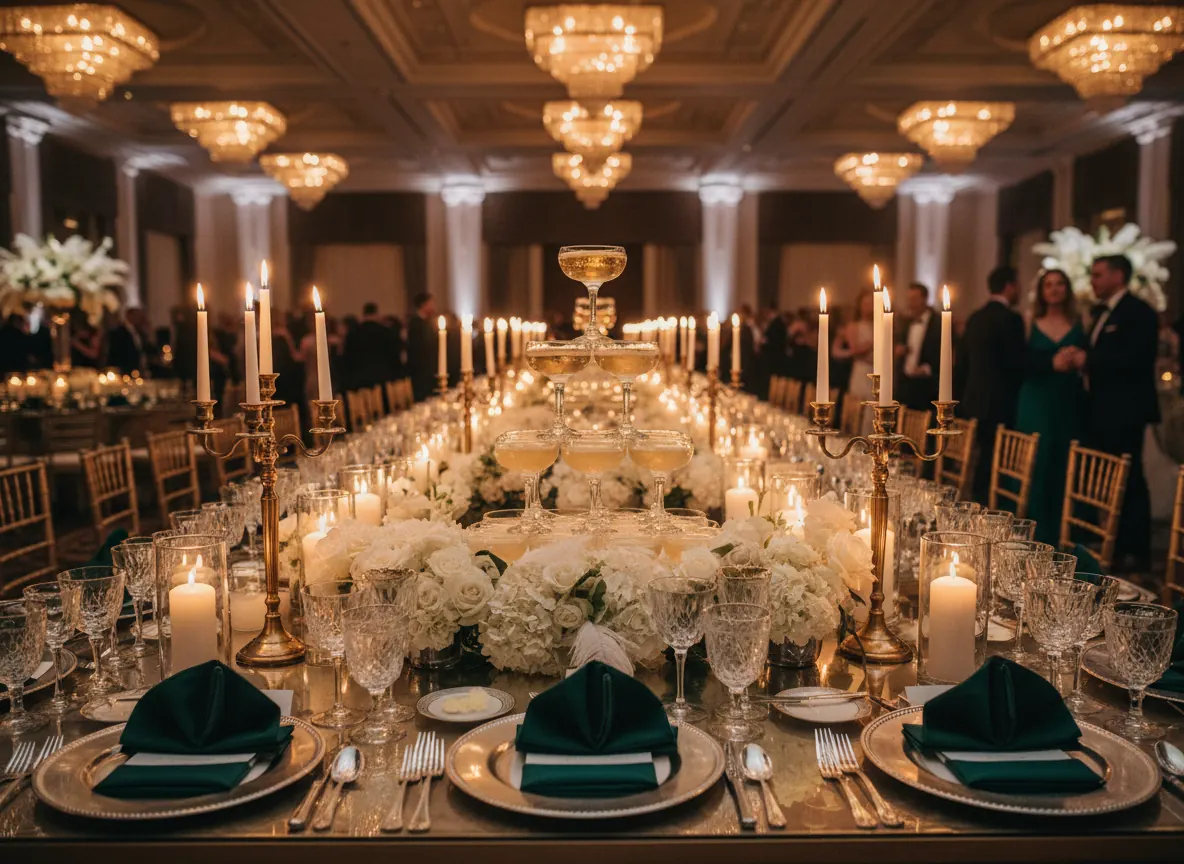 A long gala table with candles, crystal glasses, white flowers and emerald napkins
