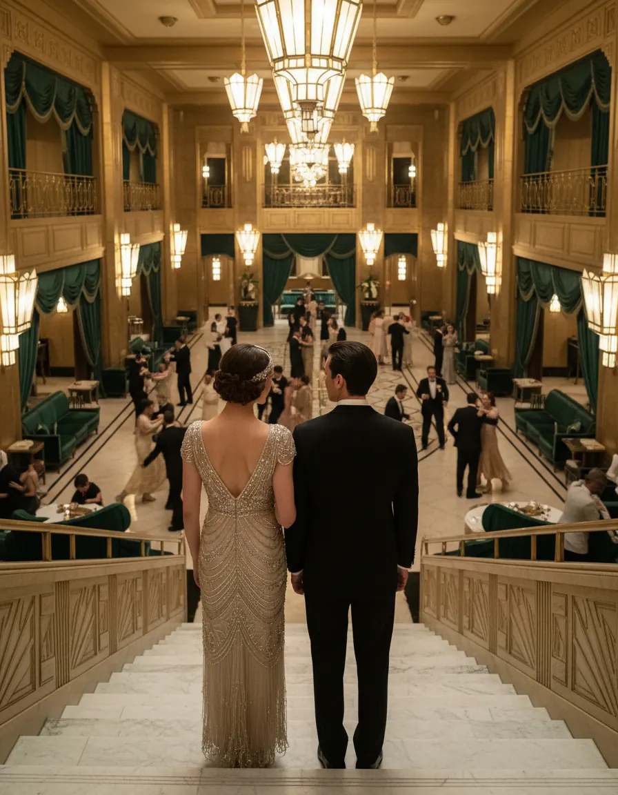 A couple in 1920s evening wear at the top of a staircase above a glowing ballroom