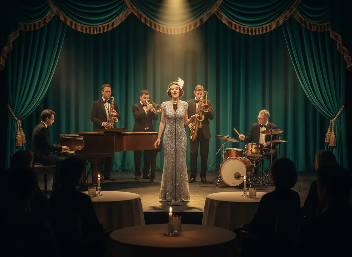 A singer in a sequined gown and a jazz band under a spotlight on a ballroom stage