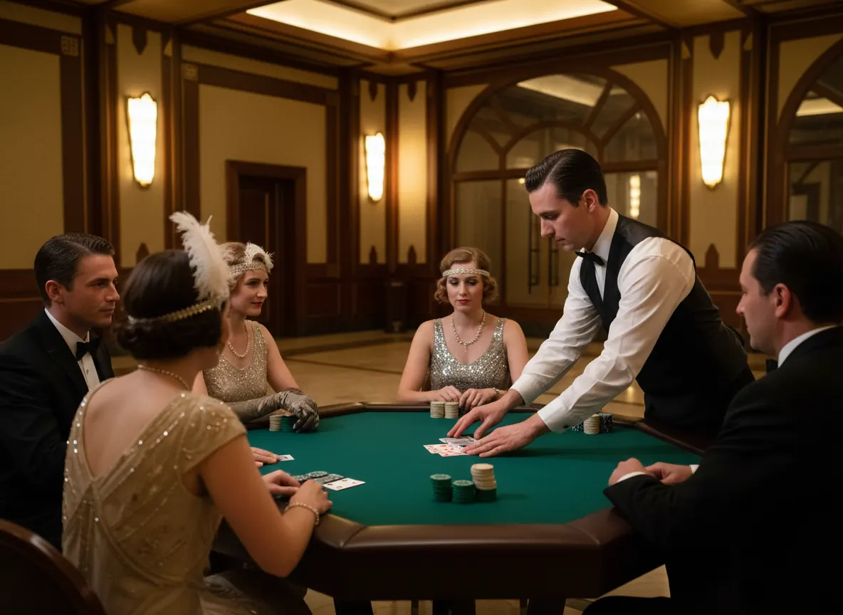 A dealer in a waistcoat deals cards at a green baize table to guests in 1920s evening wear